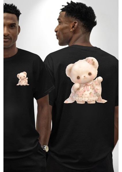 Kawaii Stil Özel Pembe Çiçek Motifli Ayıcık Siyah Oversize Kadın Erkek Ön ve Sırt Baskılı Tişört