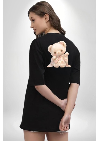 Kawaii Stil Özel Pembe Çiçek Motifli Ayıcık Siyah Oversize Kadın Erkek Ön ve Sırt Baskılı Tişört fiyatları