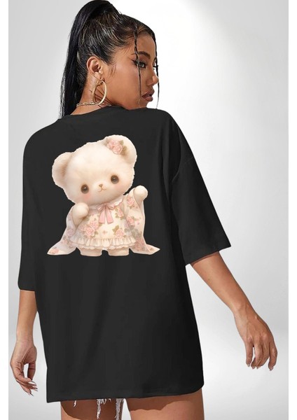 Kawaii Stil Özel Pembe Çiçek Motifli Ayıcık Siyah Oversize Kadın Erkek Ön ve Sırt Baskılı Tişört indirimleri