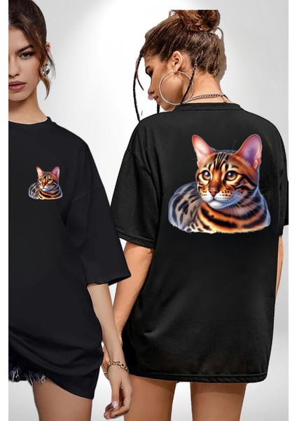 Bengal Kedisi Siyah Oversize Kadın Erkek Ön ve Sırt Baskılı Tişört fırsatları