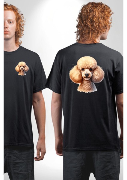 Zeki Popüler Poodle Köpek Dostu Siyah Oversize Kadın Erkek Ön ve Sırt Baskılı Tişört