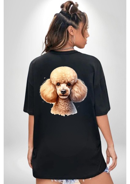 Zeki Popüler Poodle Köpek Dostu Siyah Oversize Kadın Erkek Ön ve Sırt Baskılı Tişört fiyatları