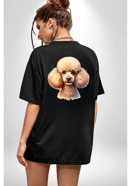 Zeki Popüler Poodle Köpek Dostu Siyah Oversize Kadın Erkek Ön ve Sırt Baskılı Tişört indirimleri
