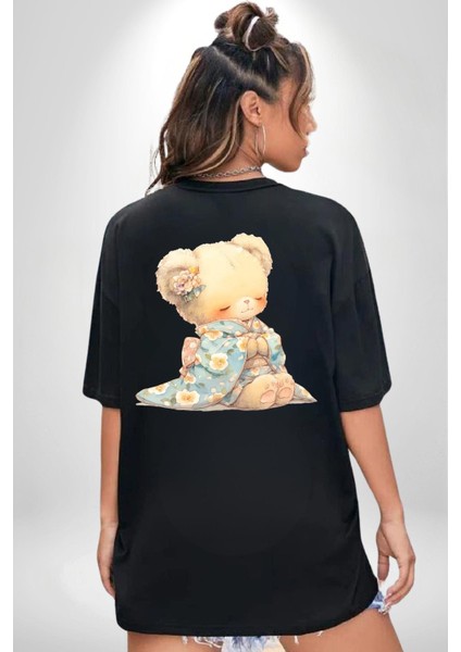 Mavi Çiçek Desenli Kimonolu Sevimli Ayıcık Teddy Siyah Oversize Kadın Erkek Ön ve Sırt Baskılı Tişört fiyatları