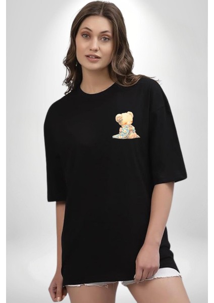 Mavi Çiçek Desenli Kimonolu Sevimli Ayıcık Teddy Siyah Oversize Kadın Erkek Ön ve Sırt Baskılı Tişört modelleri
