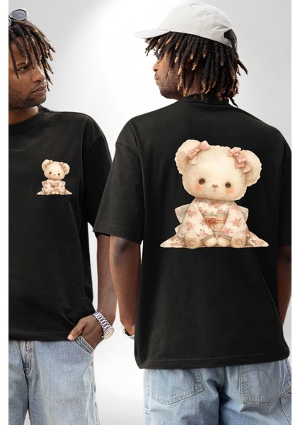 Çiçek Desenli Kawaii Ayıcık Siyah Oversize Kadın Erkek Ön ve Sırt Baskılı Tişört