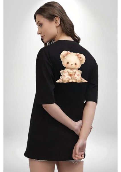 Çiçek Desenli Kawaii Ayıcık Siyah Oversize Kadın Erkek Ön ve Sırt Baskılı Tişört fiyatları