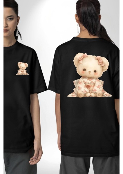 Çiçek Desenli Kawaii Ayıcık Siyah Oversize Kadın Erkek Ön ve Sırt Baskılı Tişört fırsatları