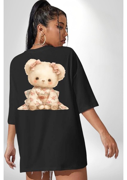 Çiçek Desenli Kawaii Ayıcık Siyah Oversize Kadın Erkek Ön ve Sırt Baskılı Tişört indirimleri