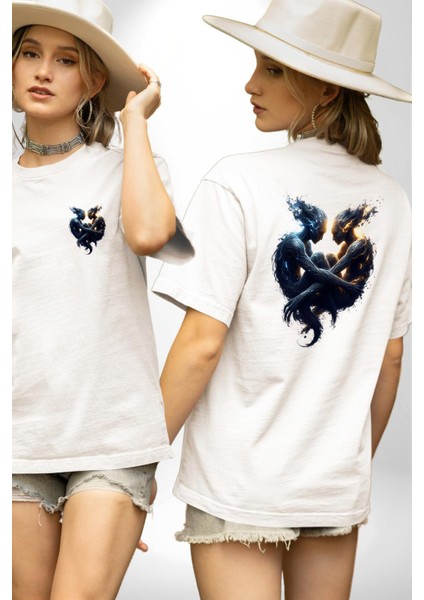 Ikizler Buçu Özel Tasarım Beyaz Oversize Kadın Erkek Ön ve Sırt Baskılı Tişört