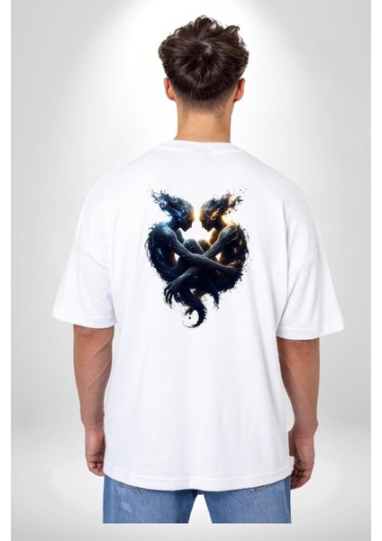 Ikizler Buçu Özel Tasarım Beyaz Oversize Kadın Erkek Ön ve Sırt Baskılı Tişört fiyatları