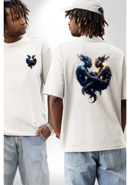 Ikizler Buçu Özel Tasarım Beyaz Oversize Kadın Erkek Ön ve Sırt Baskılı Tişört fırsatları