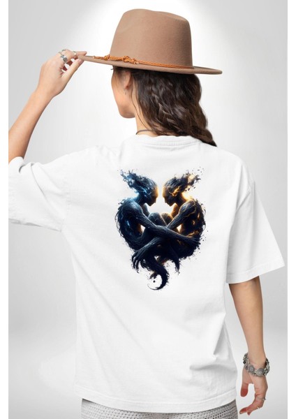 Ikizler Buçu Özel Tasarım Beyaz Oversize Kadın Erkek Ön ve Sırt Baskılı Tişört indirimleri