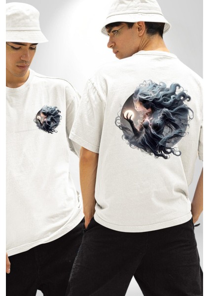 Başak Burçu Özel Tasarım Beyaz Oversize Kadın Erkek Ön ve Sırt Baskılı Tişört