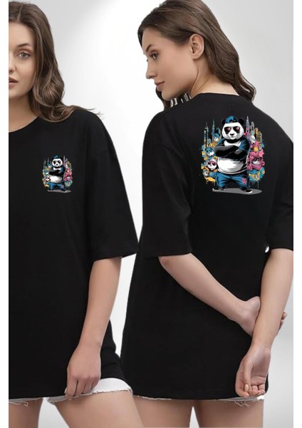 Gangster Panda Hip-Hop Cool Panda Siyah Oversize Kadın Erkek Ön ve Sırt Baskılı Tişört