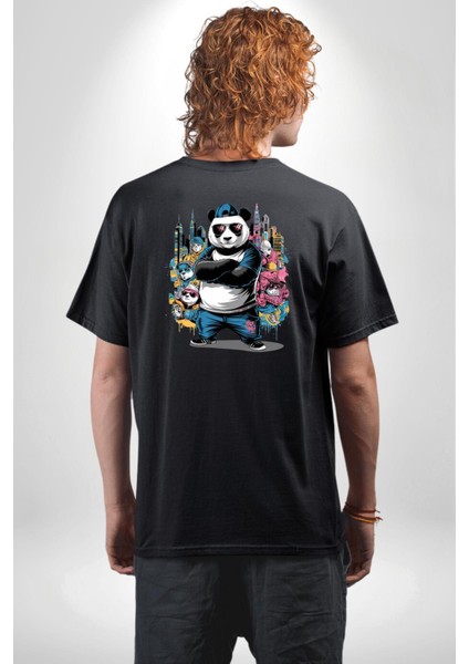 Gangster Panda Hip-Hop Cool Panda Siyah Oversize Kadın Erkek Ön ve Sırt Baskılı Tişört indirimleri