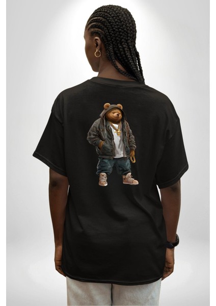 Urban Stil Hip Hop Ayıcık Rapçi Teddy Siyah Oversize Kadın Erkek Ön ve Sırt Baskılı Tişört indirimleri