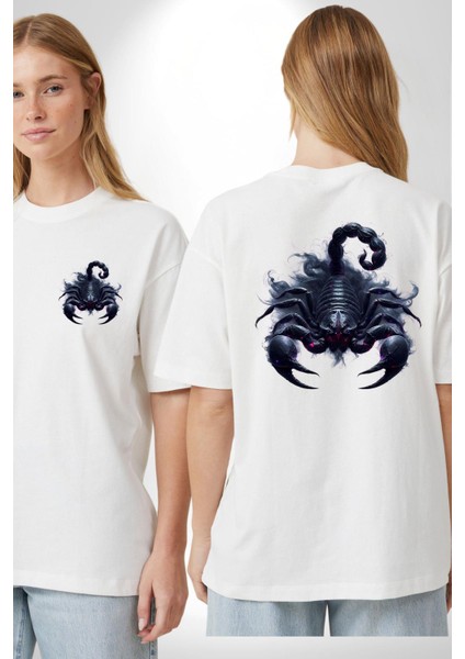 Akrep Burçu Özel Tasarım Beyaz Oversize Kadın Erkek Ön ve Sırt Baskılı Tişört