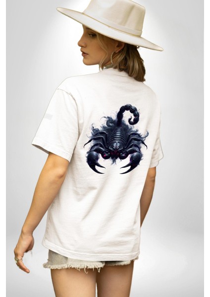 Akrep Burçu Özel Tasarım Beyaz Oversize Kadın Erkek Ön ve Sırt Baskılı Tişört fiyatları