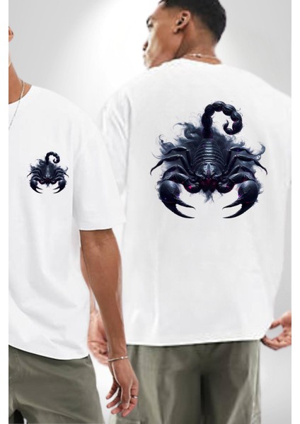 Akrep Burçu Özel Tasarım Beyaz Oversize Kadın Erkek Ön ve Sırt Baskılı Tişört fırsatları