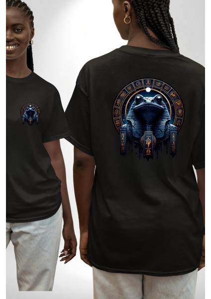 Gece ve Kaos Temalı Mistik Kek Tanrısı Mısır Siyah Oversize Kadın Erkek Ön ve Sırt Baskılı Tişört fırsatları