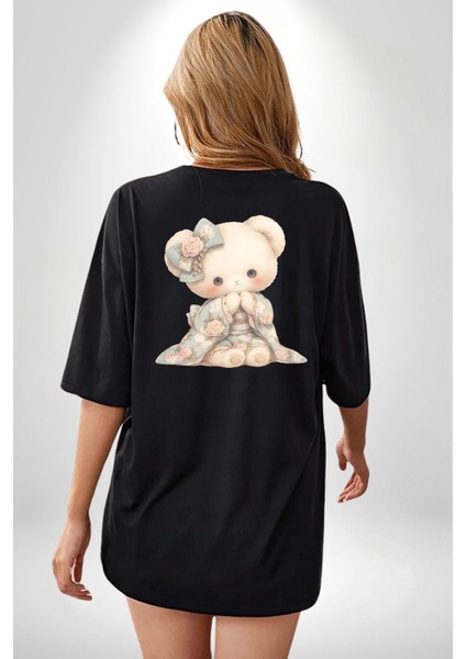 Pastel Tonlarda Nostaljik Sevimli Ayıcık Siyah Oversize Kadın Erkek Ön ve Sırt Baskılı Tişört indirimleri