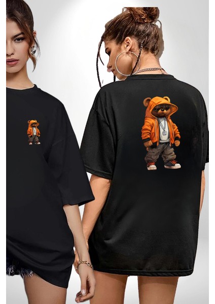 Hip Hop Turuncu Kapüşonlu Urban Stil Ayıcık Siyah Oversize Kadın Erkek Ön ve Sırt Baskılı Tişört