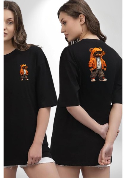 Hip Hop Turuncu Kapüşonlu Urban Stil Ayıcık Siyah Oversize Kadın Erkek Ön ve Sırt Baskılı Tişört fırsatları