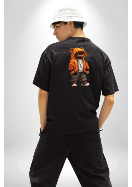 Hip Hop Turuncu Kapüşonlu Urban Stil Ayıcık Siyah Oversize Kadın Erkek Ön ve Sırt Baskılı Tişört indirimleri