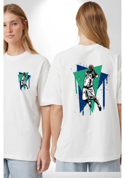 Basketbol Renkli Çizim Tasarımı Beyaz Oversize Kadın Erkek Ön ve Sırt Baskılı Tişört