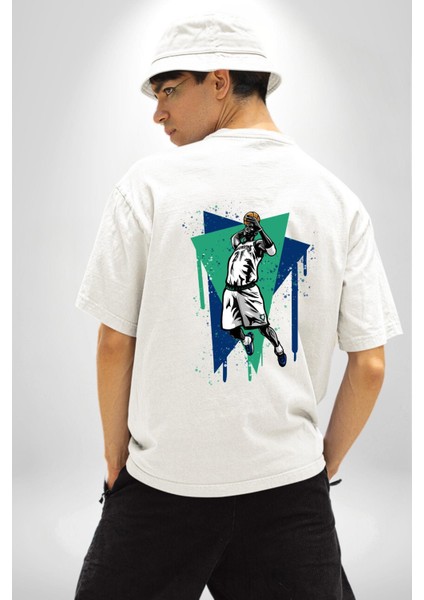 Basketbol Renkli Çizim Tasarımı Beyaz Oversize Kadın Erkek Ön ve Sırt Baskılı Tişört fiyatları
