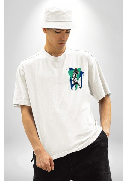 Basketbol Renkli Çizim Tasarımı Beyaz Oversize Kadın Erkek Ön ve Sırt Baskılı Tişört modelleri