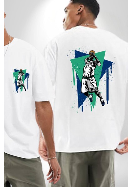 Basketbol Renkli Çizim Tasarımı Beyaz Oversize Kadın Erkek Ön ve Sırt Baskılı Tişört fırsatları