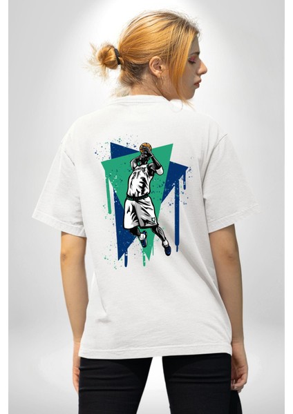 Basketbol Renkli Çizim Tasarımı Beyaz Oversize Kadın Erkek Ön ve Sırt Baskılı Tişört indirimleri