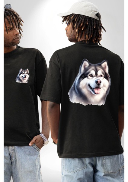Alaskan Malamute Köpek Tasarımı Siyah Oversize Kadın Erkek Ön ve Sırt Baskılı Tişört