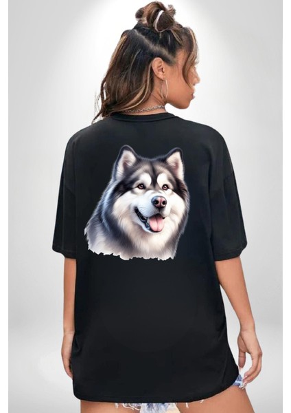 Alaskan Malamute Köpek Tasarımı Siyah Oversize Kadın Erkek Ön ve Sırt Baskılı Tişört fiyatları