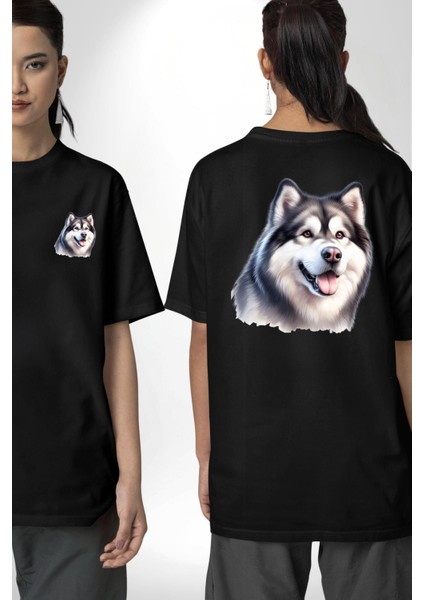 Alaskan Malamute Köpek Tasarımı Siyah Oversize Kadın Erkek Ön ve Sırt Baskılı Tişört fırsatları