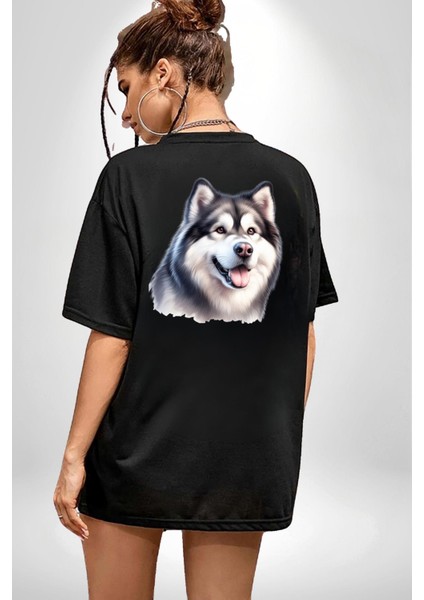 Alaskan Malamute Köpek Tasarımı Siyah Oversize Kadın Erkek Ön ve Sırt Baskılı Tişört indirimleri