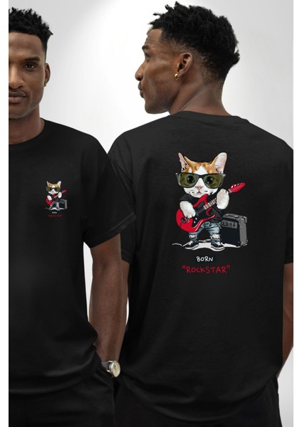 Kedi Rockstar Müzik Durmaz! Gitarı Kap Siyah Oversize Kadın Erkek Ön ve Sırt Baskılı Tişört