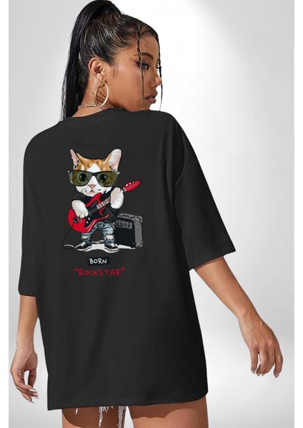 Kedi Rockstar Müzik Durmaz! Gitarı Kap Siyah Oversize Kadın Erkek Ön ve Sırt Baskılı Tişört fiyatları