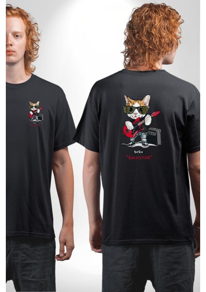 Kedi Rockstar Müzik Durmaz! Gitarı Kap Siyah Oversize Kadın Erkek Ön ve Sırt Baskılı Tişört fırsatları