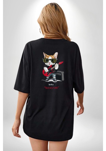 Kedi Rockstar Müzik Durmaz! Gitarı Kap Siyah Oversize Kadın Erkek Ön ve Sırt Baskılı Tişört indirimleri
