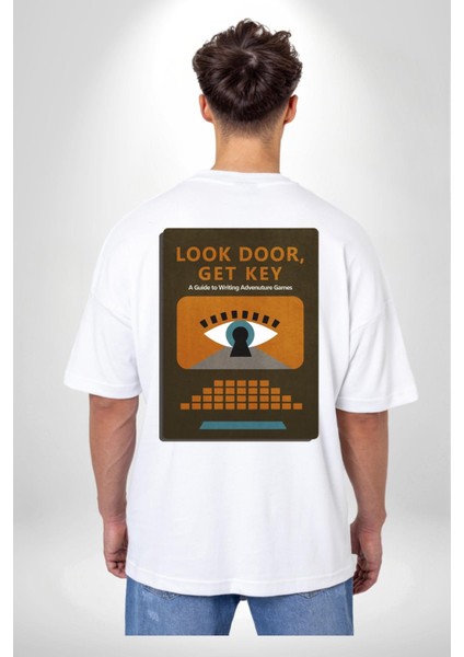 Look Door, Get Key Macera Oyunları Yazma Rehberi Beyaz Oversize Kadın Erkek Ön ve Sırt Baskılı Tişört indirimleri