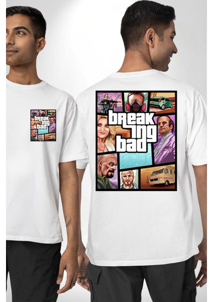 Breaking Bad Karakter Gta Tarzı Beyaz Oversize Kadın Erkek Ön ve Sırt Baskılı Tişört