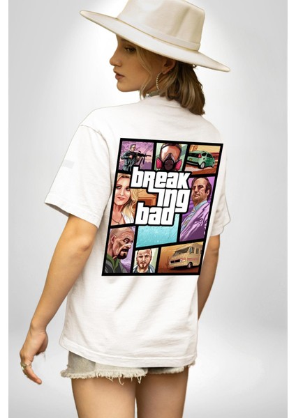 Breaking Bad Karakter Gta Tarzı Beyaz Oversize Kadın Erkek Ön ve Sırt Baskılı Tişört fiyatları