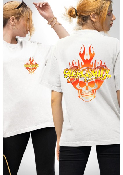 Aerosmith Fire Skull Beyaz Oversize Kadın Erkek Ön ve Sırt Baskılı Tişört
