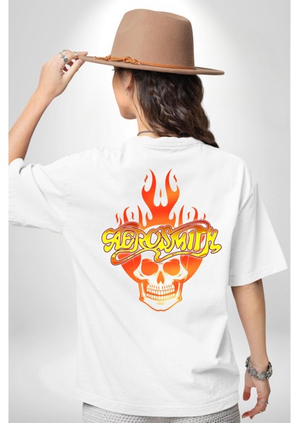 Aerosmith Fire Skull Beyaz Oversize Kadın Erkek Ön ve Sırt Baskılı Tişört fiyatları