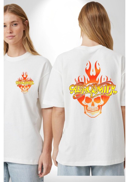 Aerosmith Fire Skull Beyaz Oversize Kadın Erkek Ön ve Sırt Baskılı Tişört fırsatları