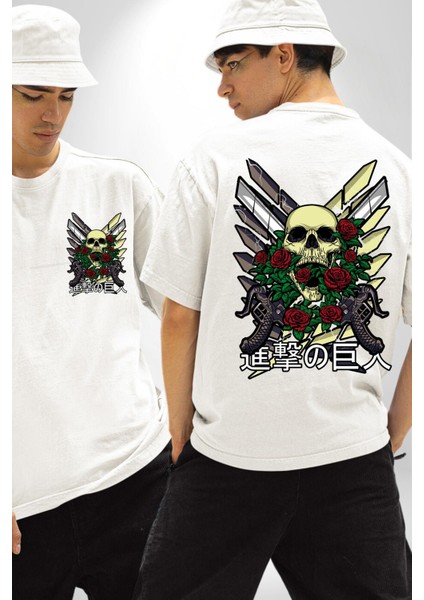 Gül ve Iskelet Beyaz Oversize Kadın Erkek Ön ve Sırt Baskılı Tişört