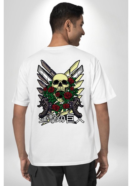 Gül ve Iskelet Beyaz Oversize Kadın Erkek Ön ve Sırt Baskılı Tişört fiyatları